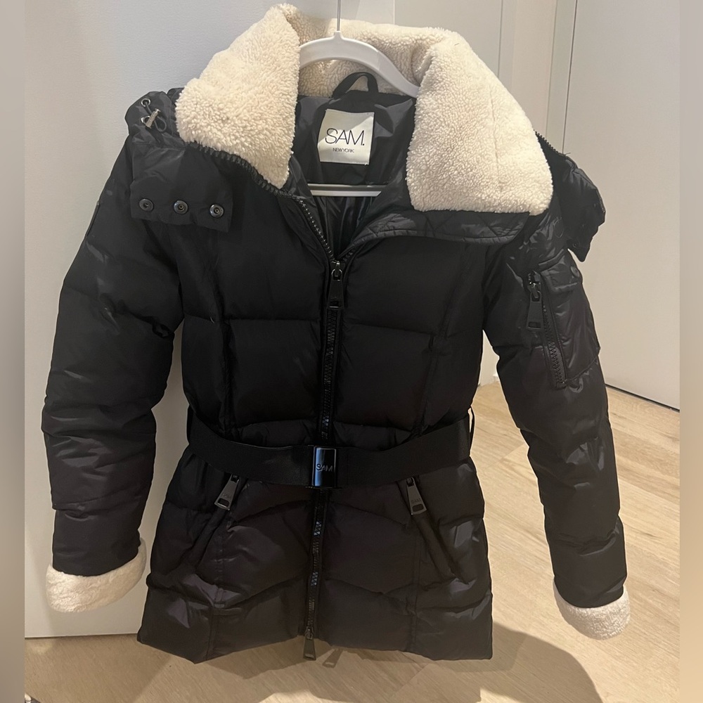 SAM Courtney shearling trim hooded puffer coat